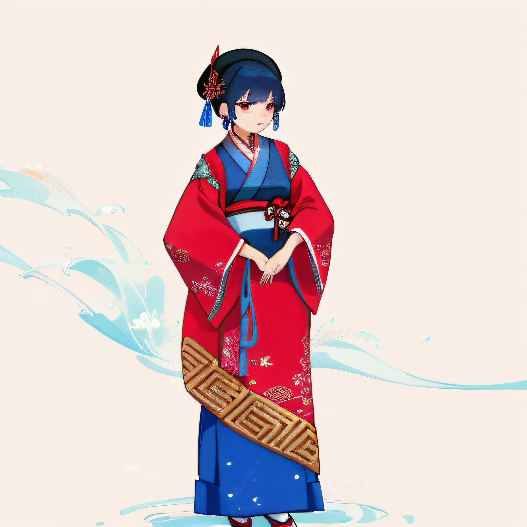 There is one wearing colorful clothes、Woman in blue hat, long term wear, Flowing clothes, Wearing ancient Chinese clothes, traditionalcostumes, 宮 , A girl in Hanfu, traditional cut suit, Matches ancient Chinese costumes, Inspired by Yumeji Takehisa, Inspired by Shin Yoon-bok, Wear flowing clothes, traditional garb, traditional garb, traditional garb