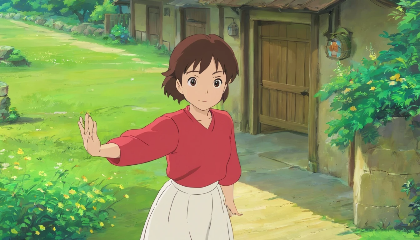 Anime character wearing red shirt and white skirt standing in front of white background, Ghibli animation style, Ghibli animation style, studio ghibli and shinkai makoto, chihiro! fujisaki, heroines 👀 :8, studio ghibli anime screenshot, heroines, Iwakura Co., Ltd., from the studio ghibli film, in the studio ghibli anime film,waving hands,Inside the farm