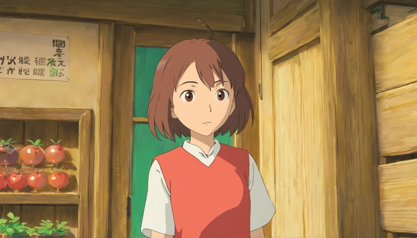 Anime character wearing red shirt and white skirt standing in front of white background, Ghibli animation style, Ghibli animation style, studio ghibli and shinkai makoto, chihiro! fujisaki, heroines 👀 :8, studio ghibli anime screenshot, heroines, Iwakura Co., Ltd., from the studio ghibli film, in the studio ghibli anime film,waving hands,Inside the farm