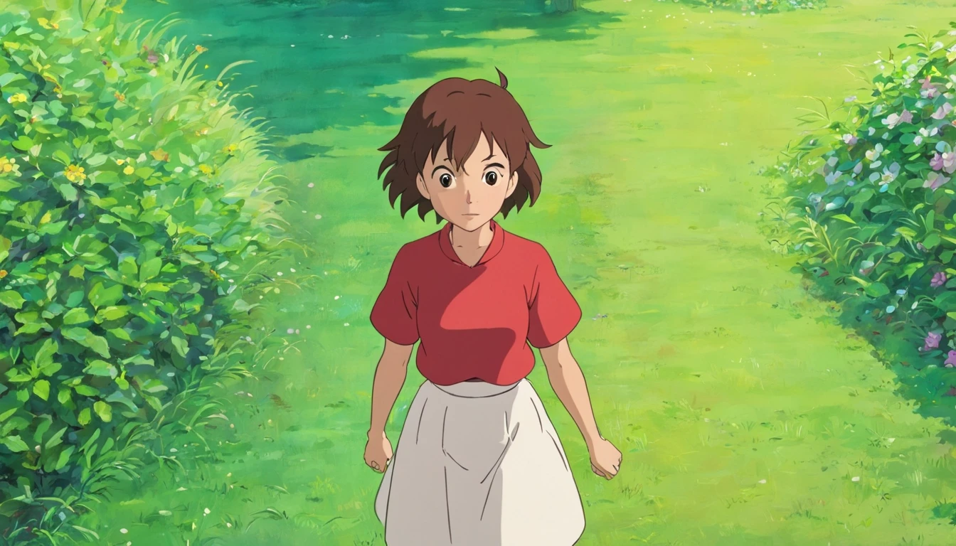 Anime character wearing red shirt and white skirt standing in front of white background, Ghibli animation style, Ghibli animation style, studio ghibli and shinkai makoto, chihiro! fujisaki, heroines 👀 :8, studio ghibli anime screenshot, heroines, Iwakura Co., Ltd., from the studio ghibli film, in the studio ghibli anime film,waving hands,Inside the farm