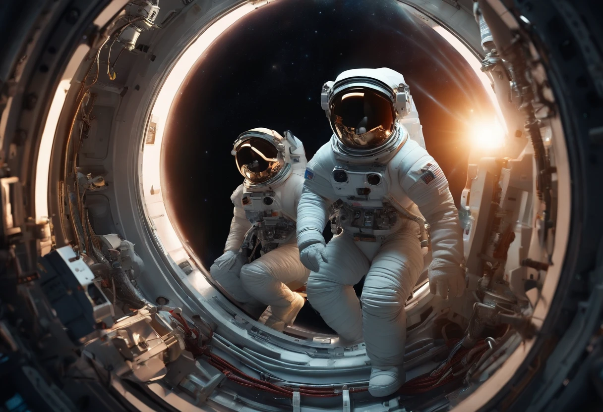 Best quality, , 超高分辨率, (Realistic photography:1.4), Many robots and 2 female astronauts are repairing a broken spaceship in space not far from the sun,