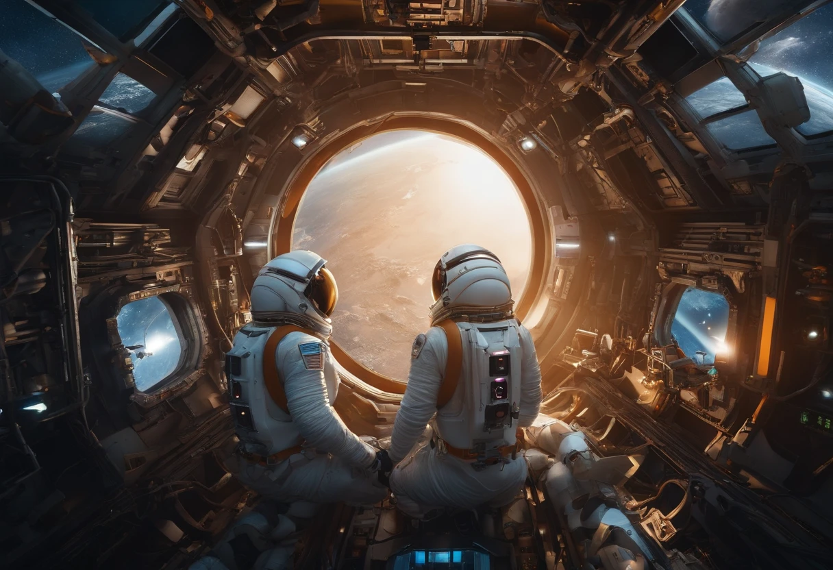 Best quality, , 超高分辨率, (Realistic photography:1.4), Many robots and 2 female astronauts are repairing a broken spaceship in space not far from the sun,