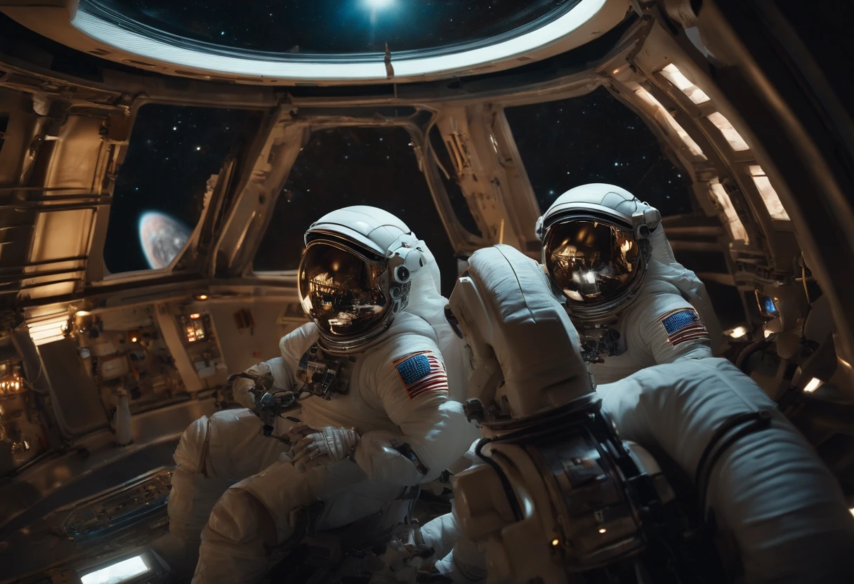 Best quality, , 超高分辨率, (Realistic photography:1.4), Many robots and 2 female astronauts are repairing a broken spaceship in space not far from the sun,