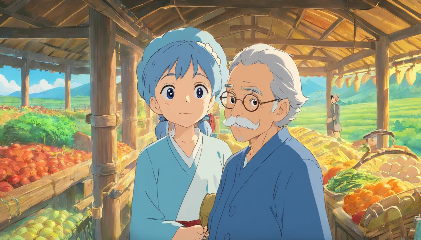 Grandpa，The clothes are blue，Inside the farm