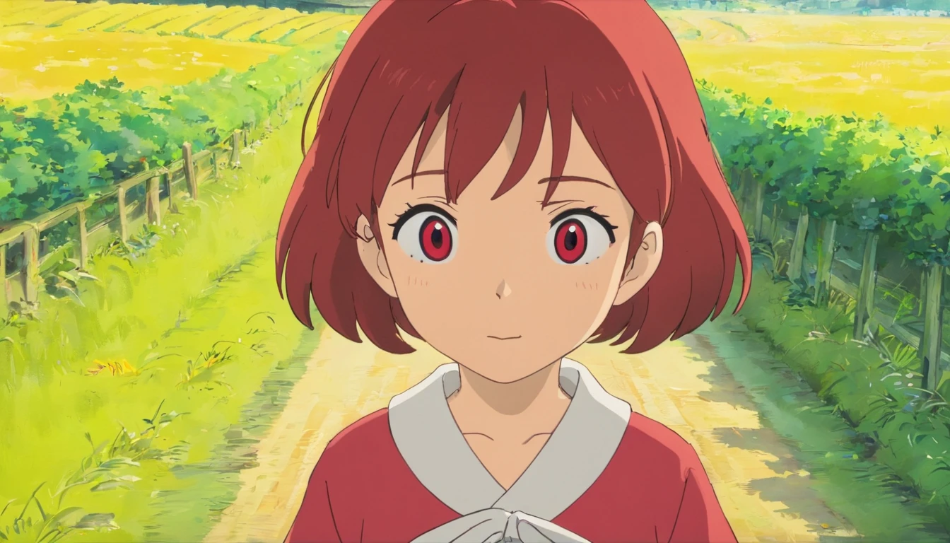 Younger sister，7 years old，Red clothes，On the farm road，Close-up，Only the face