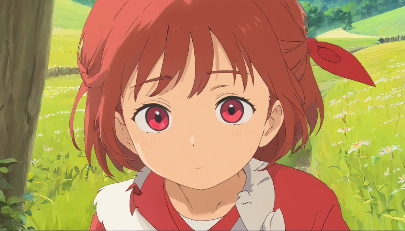 Younger sister,7 ,Red clothes,On the farm road,Close-up,Only the face