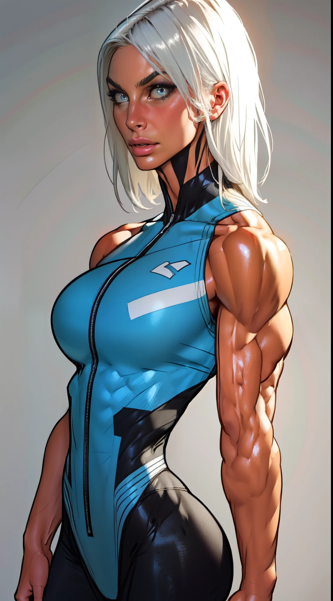 Drawing of platinum blonde katopunk female fitness model, toned body, feminine, huge upper body, torso shot, wide shoulders, veins, beautiful face, detailed eyes, perfect eyes, makeup, full lips, slim face, high cheekbones,(best quality, highres, ultra-detailed, realistic), muscular arms, defined abs, confident expression, ((light silver gray gymsuit)), lovely gaze, light colors, dynamic lighting, artwork, blank background