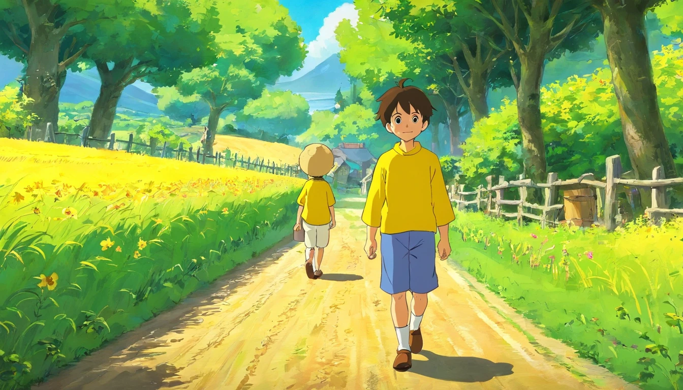 Brother,boy,12year old,yellow clothing,Beside the farm road
