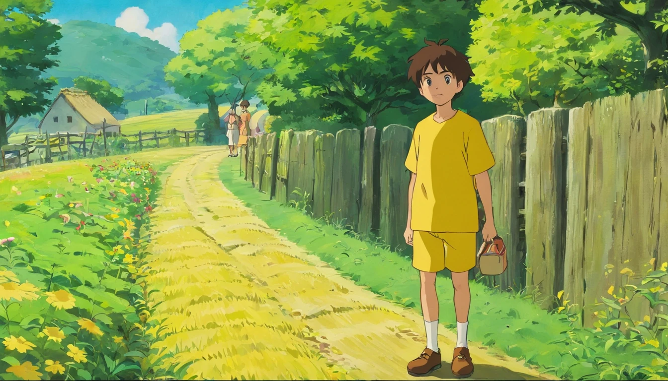 Brother,boy,12year old,yellow clothing,Beside the farm road
