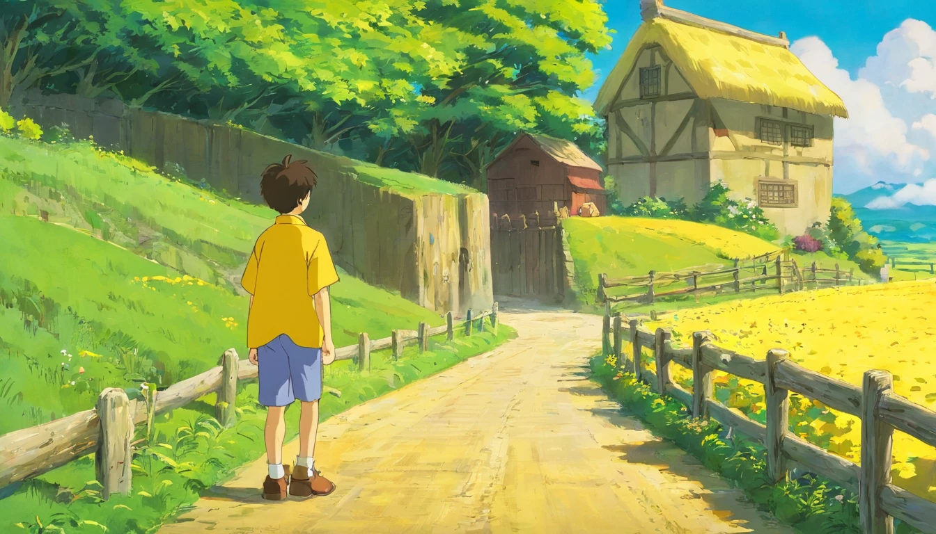 Brother,boy,ar old,yellow clothing,Beside the farm road