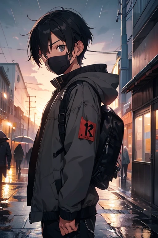 1boy, jacket, rain, outdoor, sweatshirt, open jacket, chain, backpack, wearing mask, tanned skin, boy gender, boy focus, trend in artstation, 8k resolution, highly detailed, anatomically correct, sharp image, digital painting, concept art, trend in pixiv, Makoto Shinkai style,
