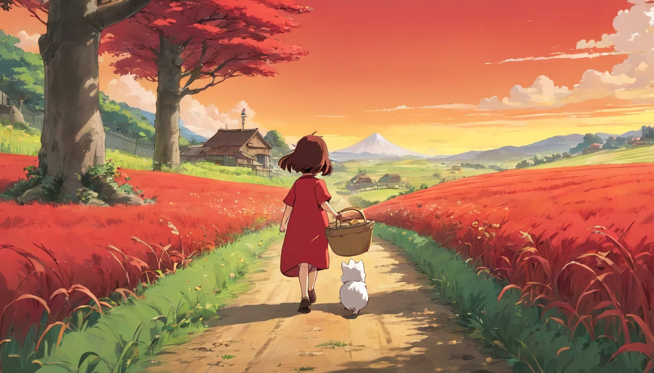 Younger sister,7 years old,Red clothes,On the farm road,Faraway view