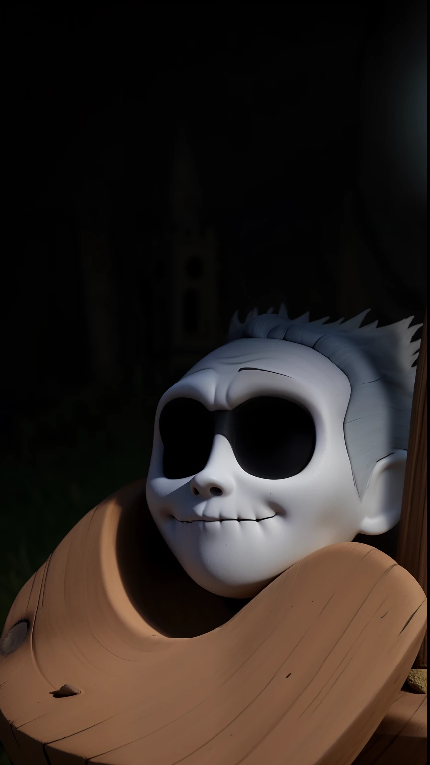 Representa a Jack Skellington, el Rey Calabaza, con su traje de esmoquin a rayas en medio de un retorcido, Gothic setting. Jack se encuentra en un cementerio oscuro cubierto de niebla, con alto, Thin tombstones slanted at odd angles. La luna llena brilla c...