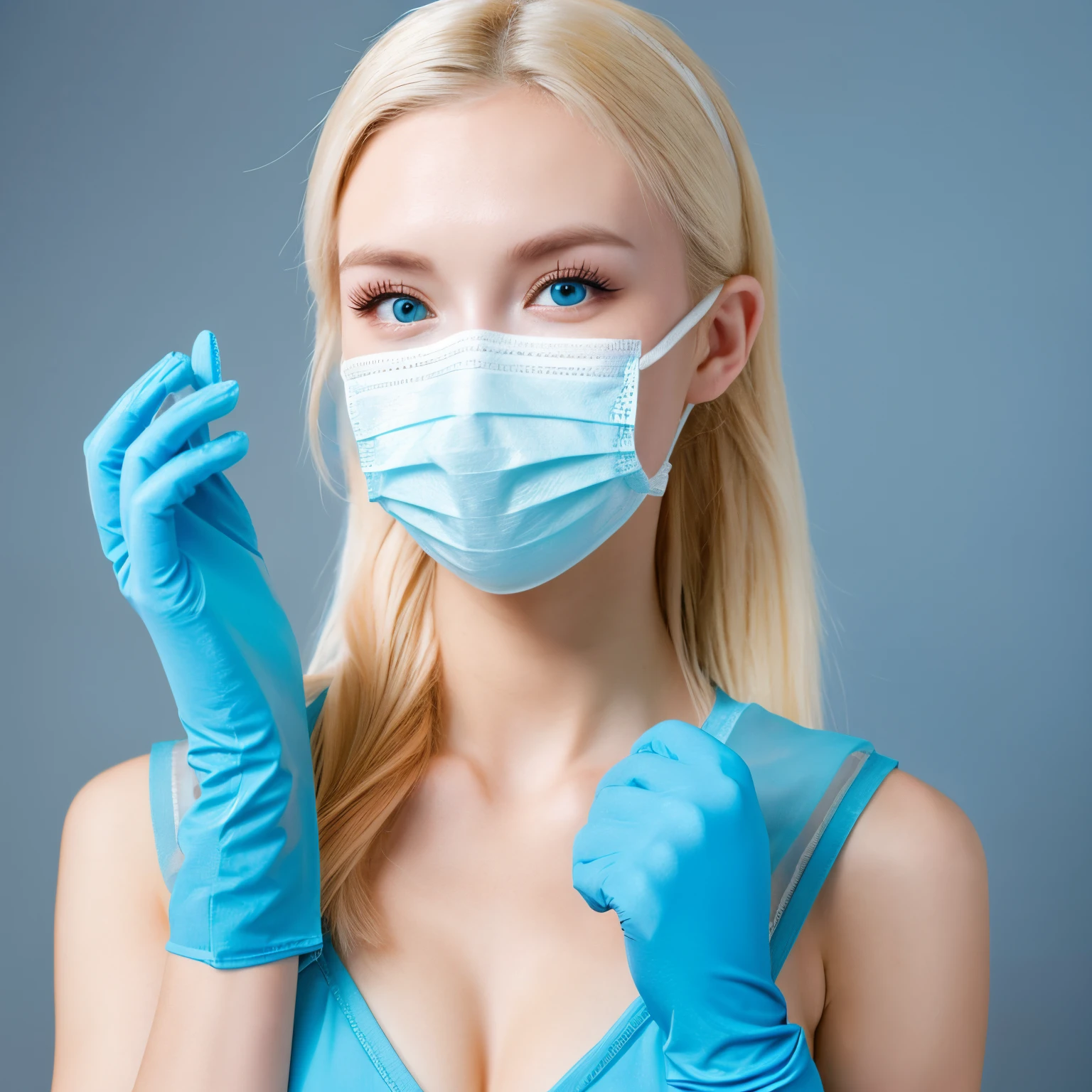 Beautie、1 Czech woman、Nurse、pretty blonde、Light Blue Surgical Mask、18year old、sexy pose、rubber glove