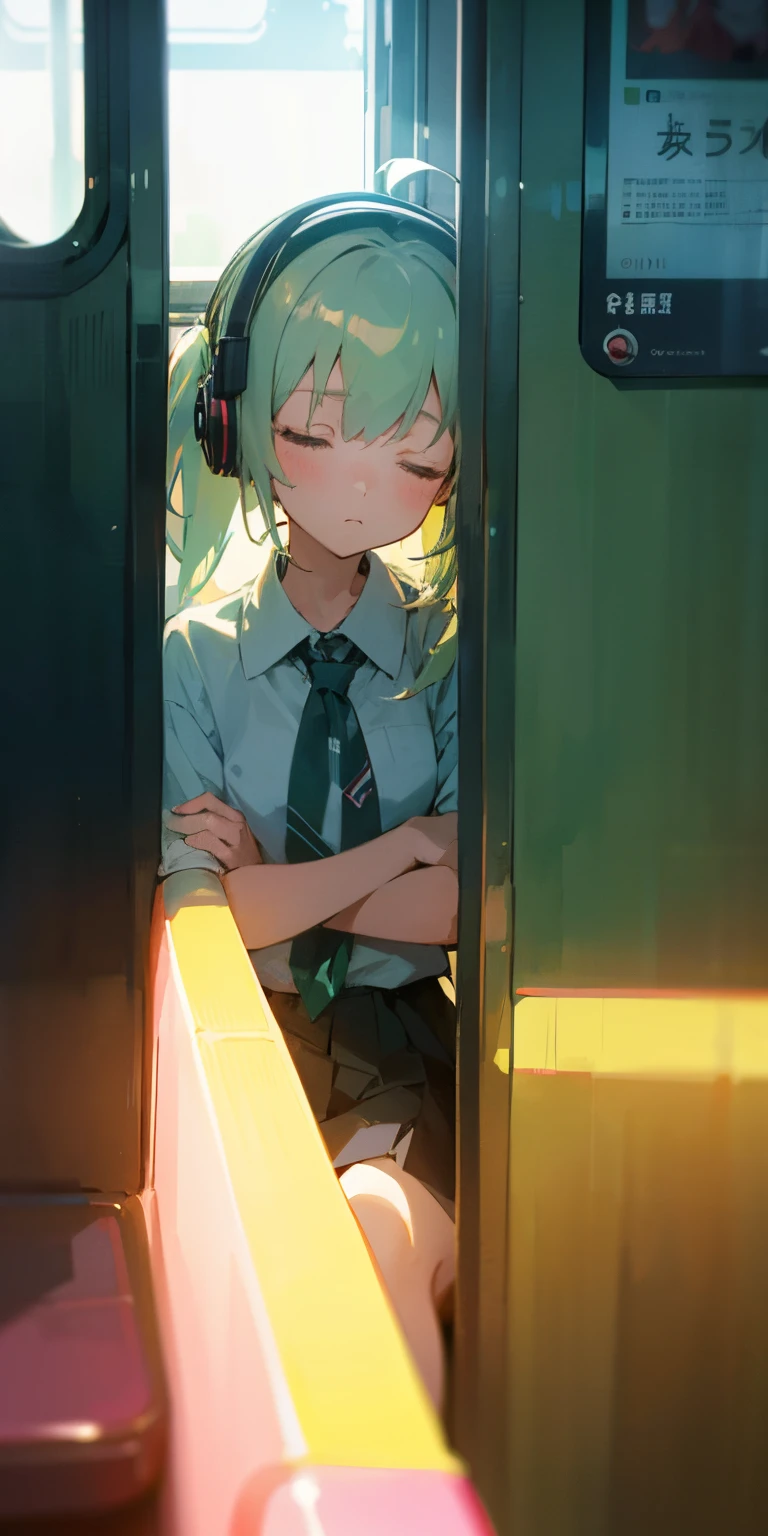 girl inside a train, eyes closed, arms crossed, sleeping, lofi style, sitting, white big sized shirt, looking at the window view, green tied pony hair, breakdomain, headphone listening to music, nice shot ose,Neon Light,