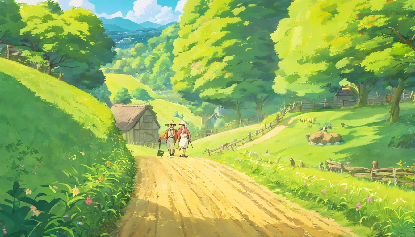 On the farm road，Faraway view，Uncle Farmer，Carry a hoe