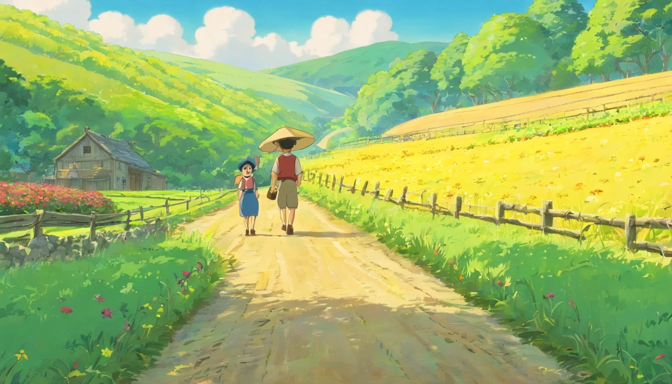 On the farm road,Faraway view,Uncle Farmer,Carry a hoe