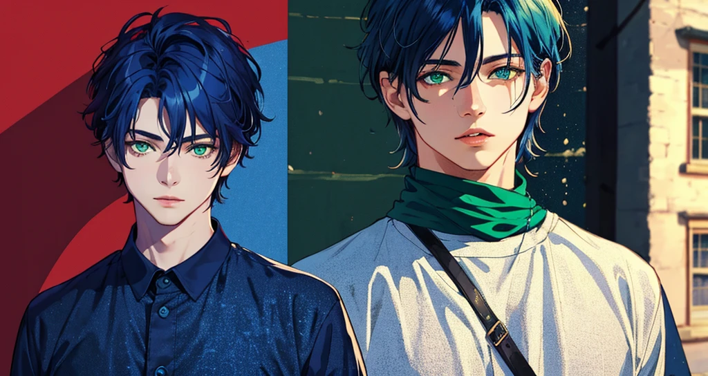 (Masterpiece:0.6), (4k wallpaper), (High resolution:1.0), (Most details:1.0), (Realistic), Boy, (Dark blue hair), (Green eyes), (House background), (Modern clothes)