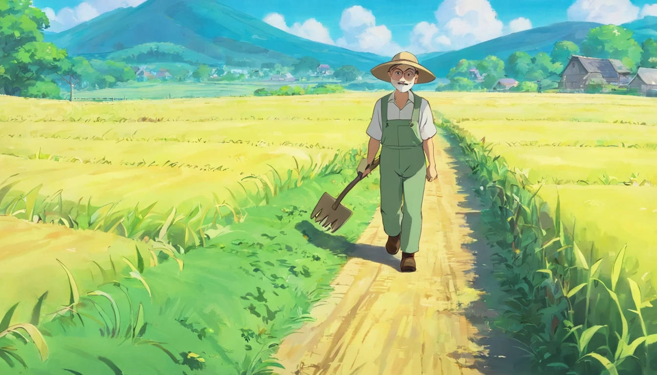 On the farm road，Faraway view，Uncle Farmer，Walking with a hoe，ssmile，Close-up