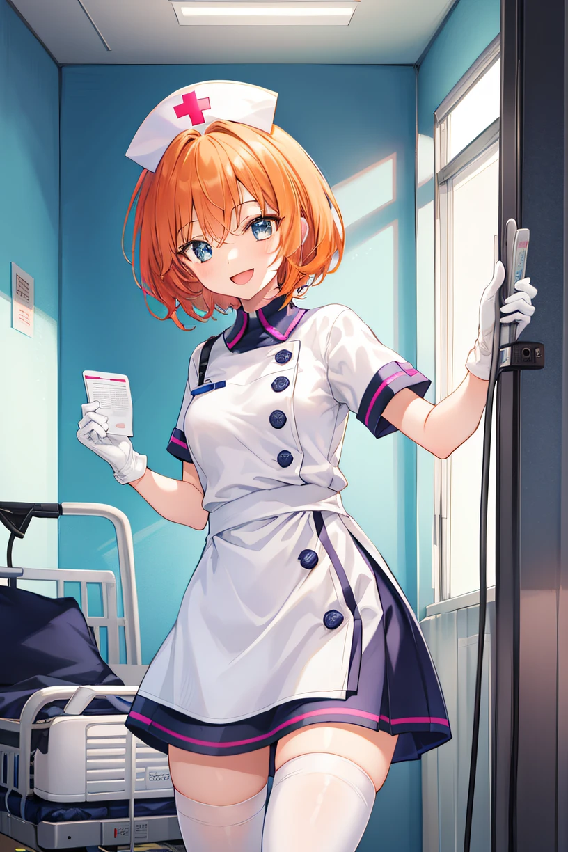 1girl, solo, nurse, nurse cap, white wear, ((white legwear, zettai ryouiki)), white gloves, very short hair, orange hair, smile, open mouth, standing, ((hospital room)), sharp outline, short sleeves, tomboy, boyish, best quality, masterpiece