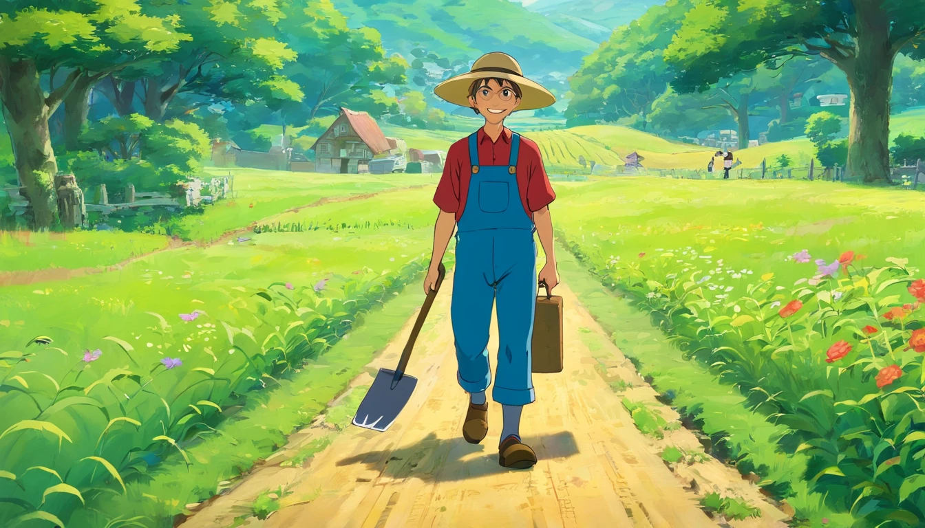 On the farm road,Faraway view,Uncle Farmer,Walking with a hoe,ssmile,Faraway view