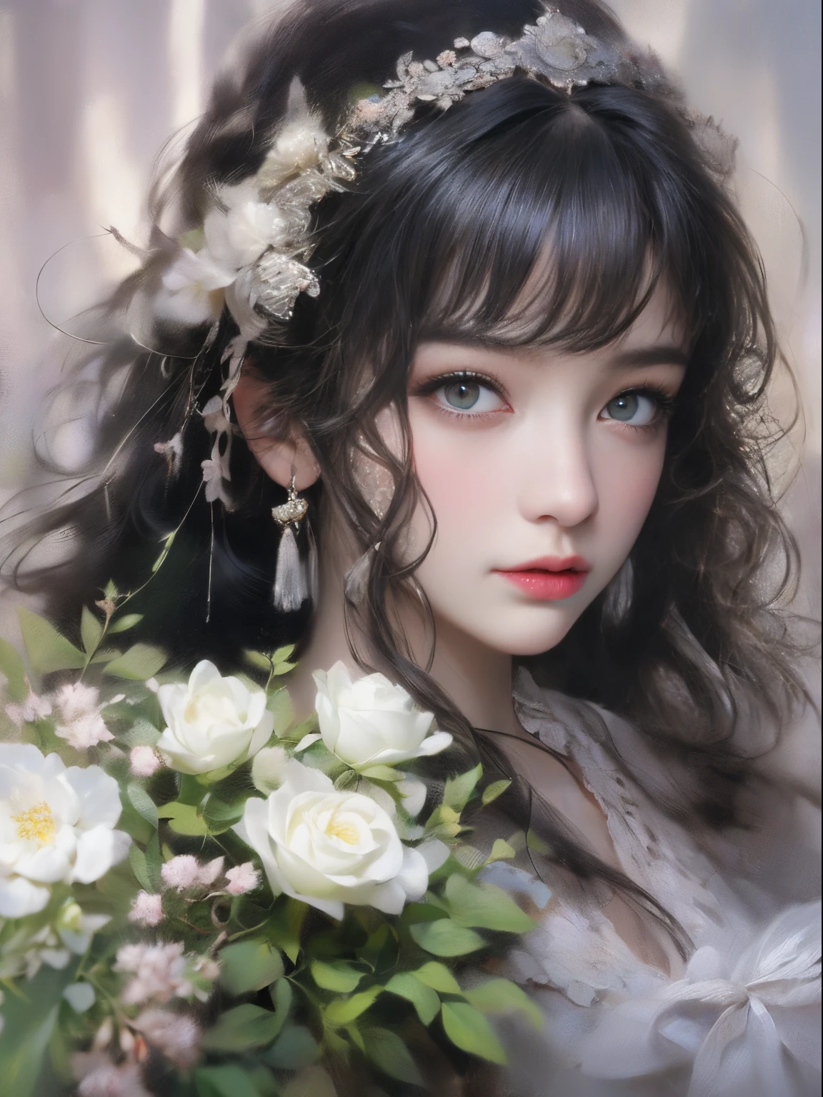ladies and bouquet,Portrait close-up,She looked at me with very beautiful and kind eyes.Detailed Schneider pastel inks, Soft and wonderful, Fluffy, (Extremely Delicately Beautiful), (perfect detail)、(pastel colour),Soft texture:1.2.(On a table, Best quality at best), (Eyes are delicate and beautiful), (dark bright eyes),(detailed eyes and detailed face),(black silk hair), (Black hair like a spring),The color is also significantly brighter.Pale blurry silhouette,Surrounded by many flowers