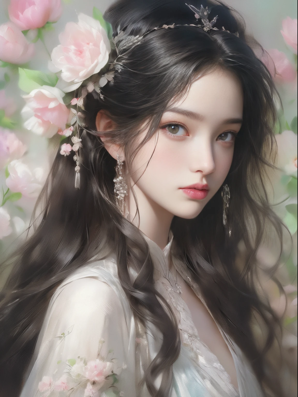 ladies and bouquet，Portrait close-up，She looked at me with very beautiful and kind eyes.Detailed Schneider pastel inks, Soft and wonderful, Fluffy, (Extremely Delicately Beautiful), (perfect  detail)、(pastel colour),Soft texture:1.2.(On a table, Best quality), (Eyes are delicate and beautiful), （dark bright eyes），(detailed eyes and detailed face),（black silk hair), （Black hair like a spring），The color is also significantly brighter.Pale blurry silhouette，Surrounded by many flowers