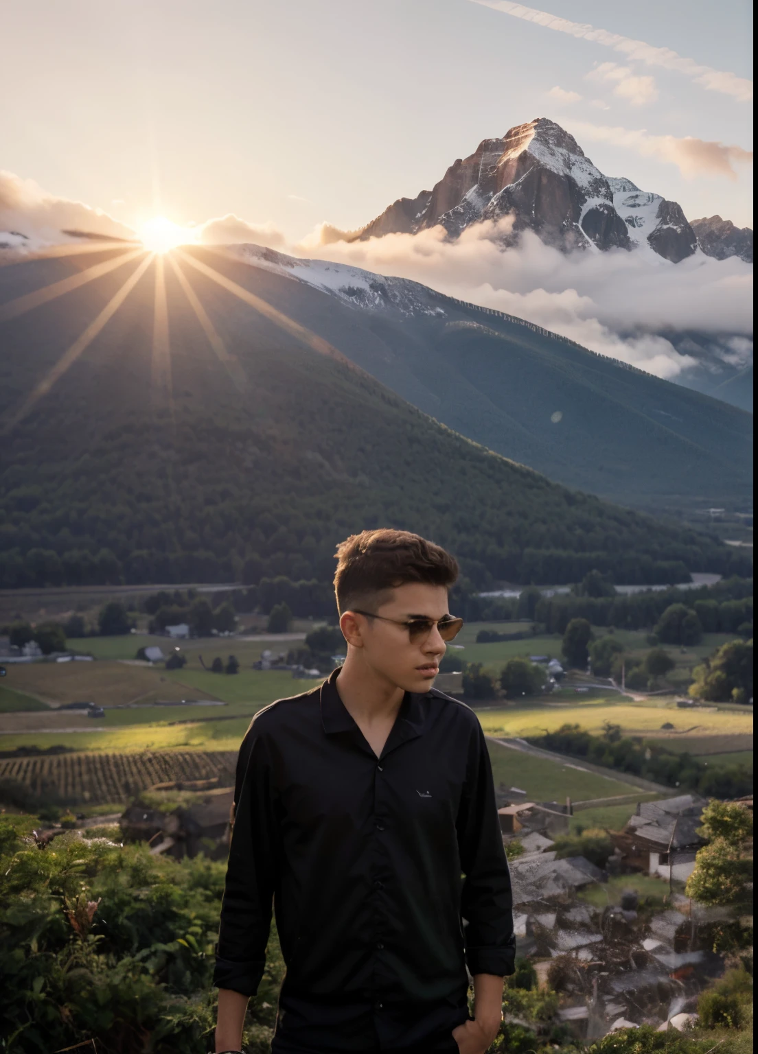 Change background in sun rising with mountains and my real face 16 year boy with sharp jo line 8k ultra realistic hd