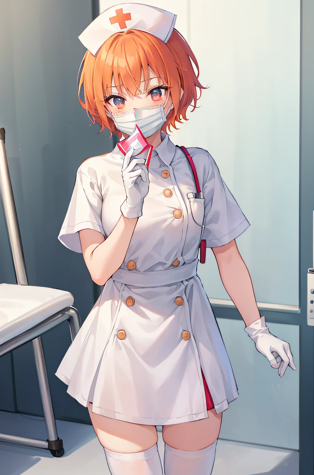 1girl, solo, nurse, nurse cap, white wear, ((white legwear, zettai ryouiki)), white gloves, very short hair, orange hair, ((white surgical mask, covered nose)), standing, ((hospital room)), sharp outline, short sleeves, tomboy, boyish, best quality, masterpiece