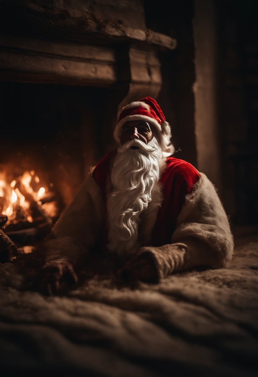 The mummified corpse of Santa Claus falls down the chimney of the fireplace.。terror、suspenseful、