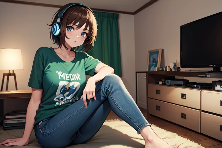 1girl, 20 years old, wearing headphones, Gamer's room, Brown short hair, Blue eyes, Best eyes, wear Green T-shirt, blue pants, 4K, best quality, Masterpiece