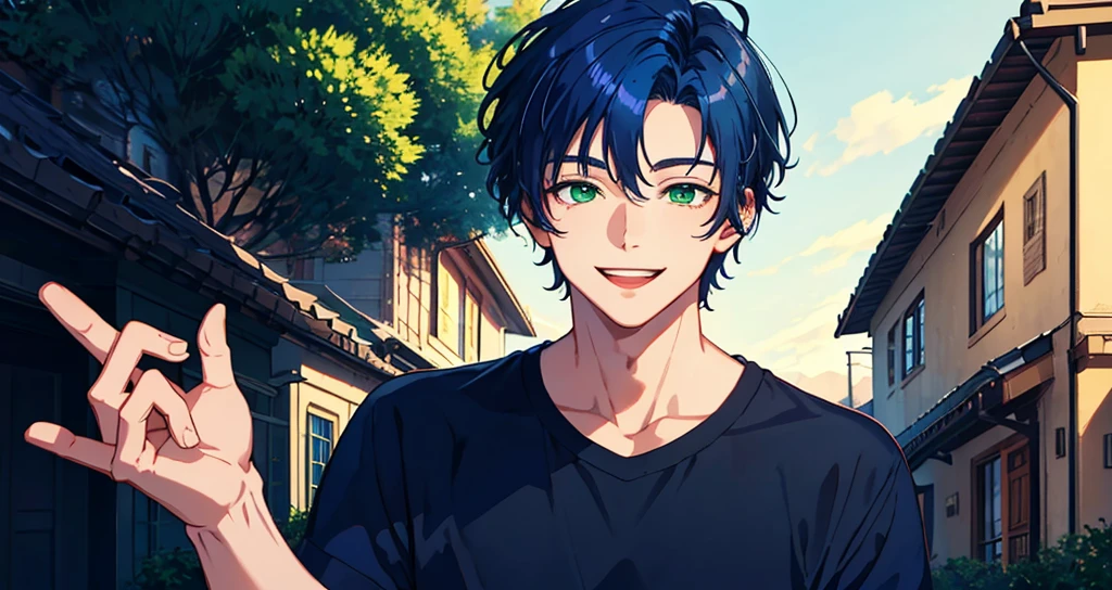 Masterpiece:0.6), (4k wallpaper), (High resolution:1.0), (Most details:1.0), (Boy), (19 years old), (Smiling), ((Dark blue hair)), (Green eyes), (House background)