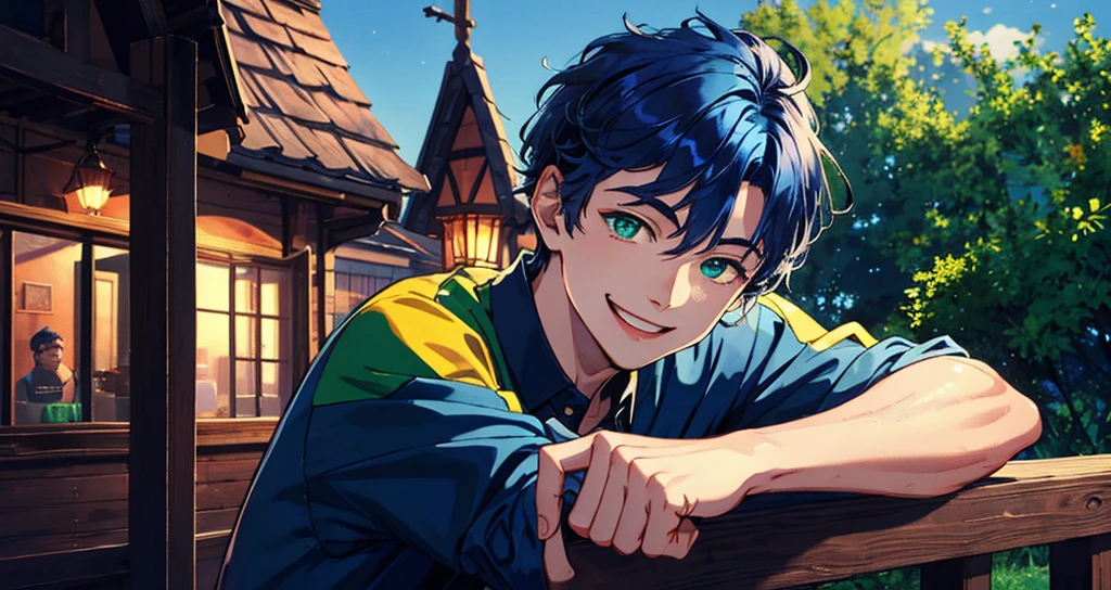 Masterpiece:0.6), (4k wallpaper), (High resolution:1.0), (Most details:1.0), (Boy), (19 years old), (Smiling), ((Dark blue hair)), (Green eyes), (House background)