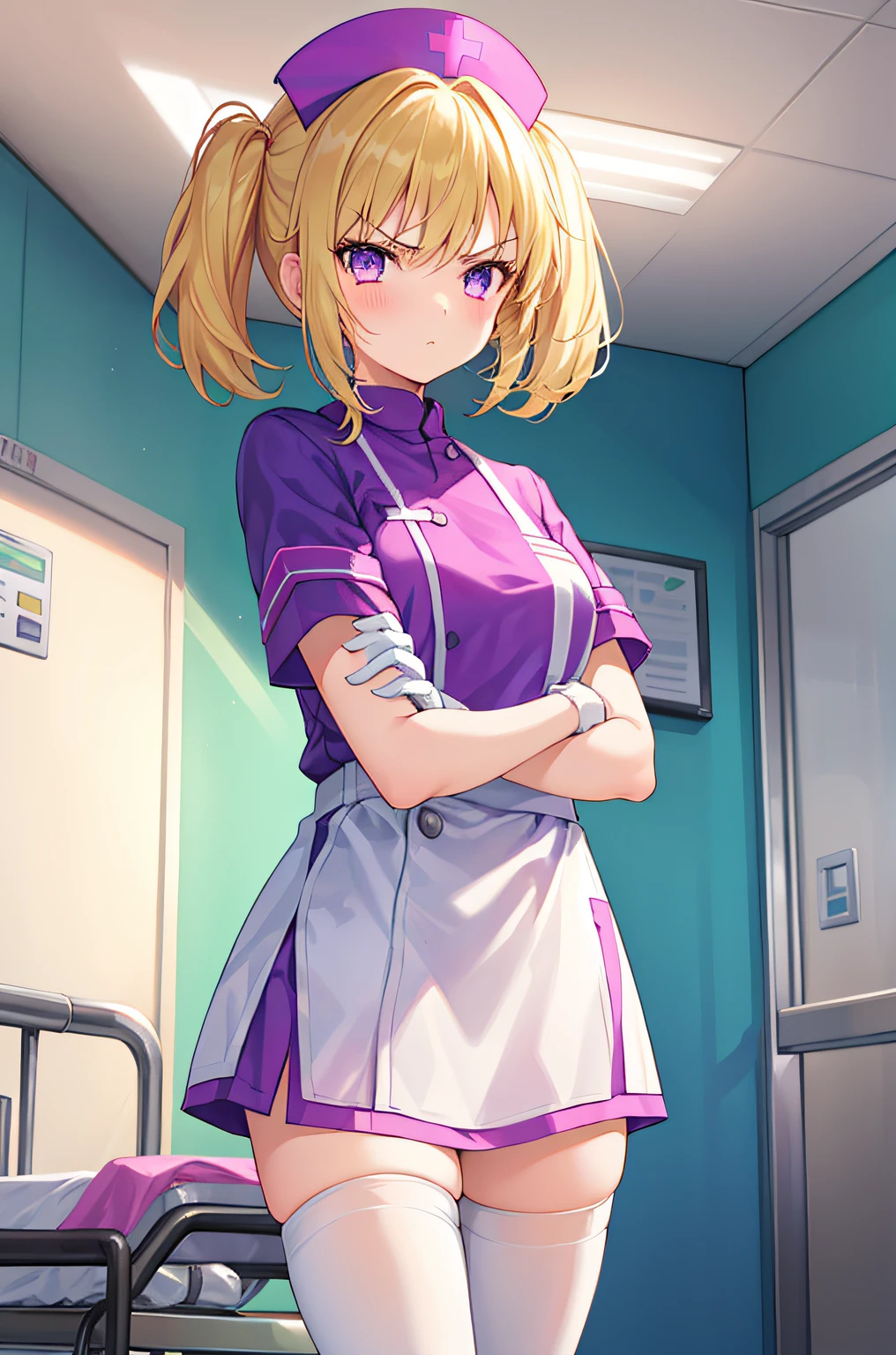 1girl, solo, nurse, nurse cap, white wear, ((white legwear, zettai ryouiki)), white gloves, twintails, yellow hair, purple eyes, angry, crossed arms, standing, ((hospital room)), sharp outline, short sleeves, best quality, masterpiece