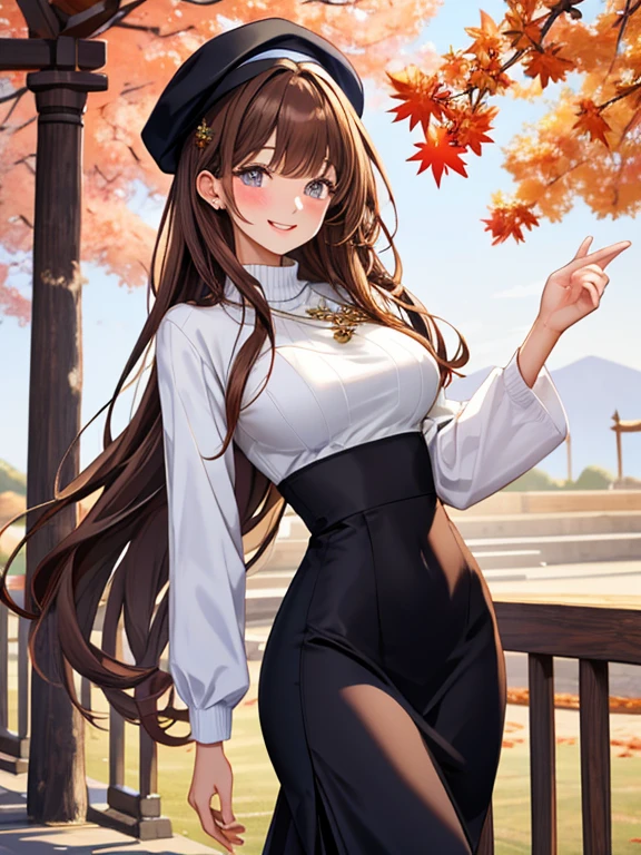 //Character
1girl, girl friend, perfect body, slim curve, ultra detailed face, super beautiful, innocent, cute girl, thin eyeblow, round face, glossy face, blushed cheek, big sparkly pupils, medium large breast, smiling full of compassion, half opened mouth, kissing face, beautiful medium long hair, brown hair, shaggy bangs, black inner collors ,
BREAK
//Fashion
her best ATTIRE for date
classy sweater, Long skirt with a slim look, thin stole with flower pattern, beret,
Her clothes are all in earth tones,
BREAK
DATE on a temple with autumn leaves , gentle warm light
BREAK
looks very very happy, smiling