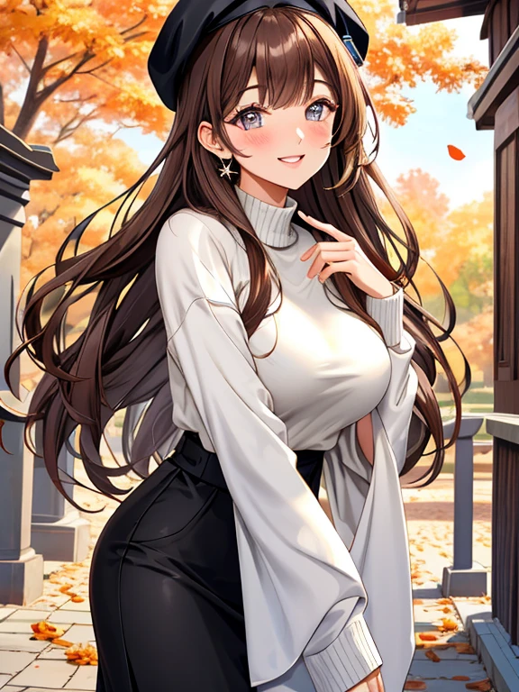 //Character
1girl, girl friend, perfect body, slim curve, ultra detailed face, super beautiful, innocent, cute girl, thin eyeblow, round face, glossy face, blushed cheek, big sparkly pupils, medium large breast, smiling full of compassion, half opened mouth, kissing face, beautiful medium long hair, brown hair, shaggy bangs, black inner collors ,
BREAK
//Fashion
her best ATTIRE for date
classy sweater, Long skirt with a slim look, thin stole with flower pattern, beret,
Her clothes are all in earth tones,
BREAK
DATE on a temple with autumn leaves , gentle warm light
BREAK
looks very very happy, smiling