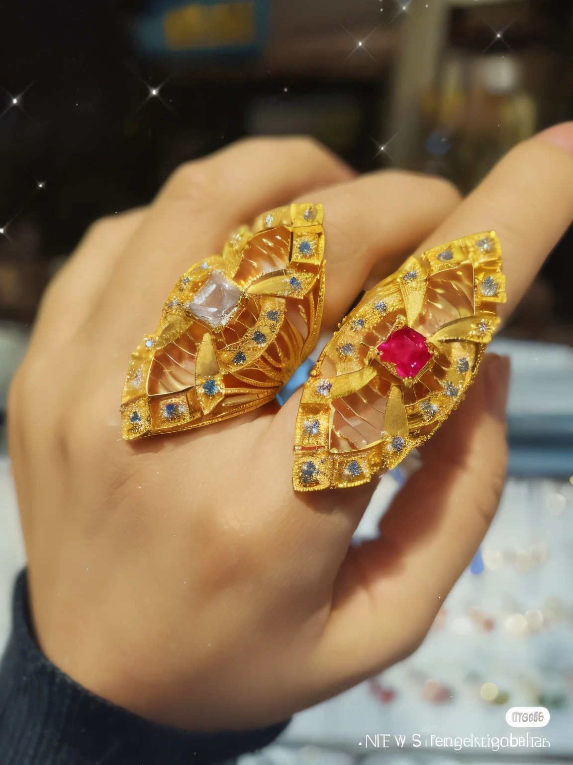 Someone is holding a pair of gold rings with diamonds, golden rings, gilded with gold, golden jewelery, Gold and red, golden jewelery, ultra complex jewelry, golden jewelery, red gold black,