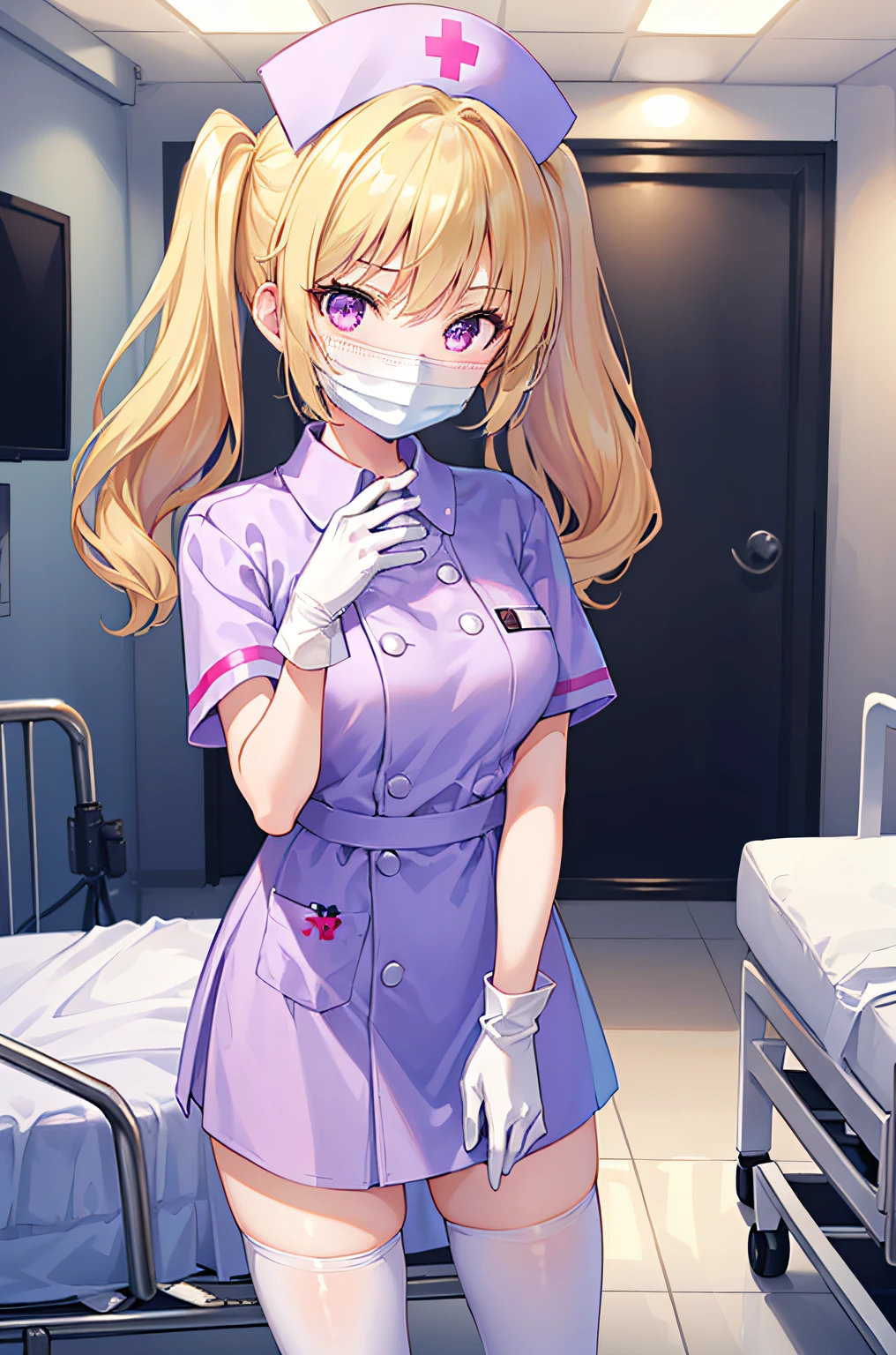 1girl, solo, nurse, nurse cap, white wear, ((white legwear, zettai ryouiki)), white gloves, twintails, yellow hair, purple eyes, ((white surgical mask, covered nose)), standing, ((hospital room)), sharp outline, short sleeves, best quality, masterpiece
