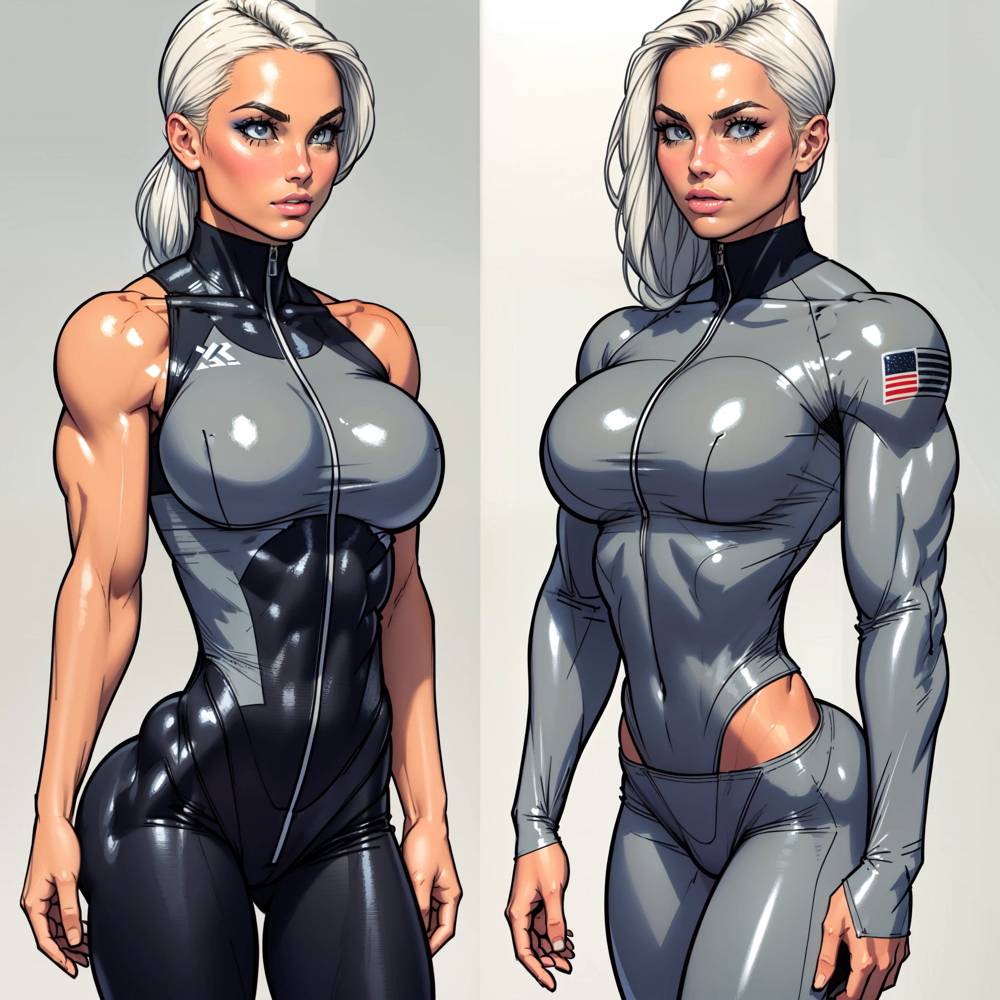 Drawing of platinum blonde katopunk female fitness model, toned body, feminine, huge upper body, torso shot, wide shoulders, veins, beautiful face, detailed eyes, perfect eyes, makeup, full lips, slim face, high cheekbones,(best quality, highres, ultra-detailed, realistic), muscular arms, defined abs, confident expression, ((light silver gray gymsuit)), lovely gaze, light colors, dynamic lighting, artwork, blank background