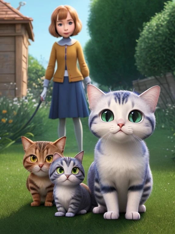 Une jeune femme, style pixar, elle se bat avec 3 chats.