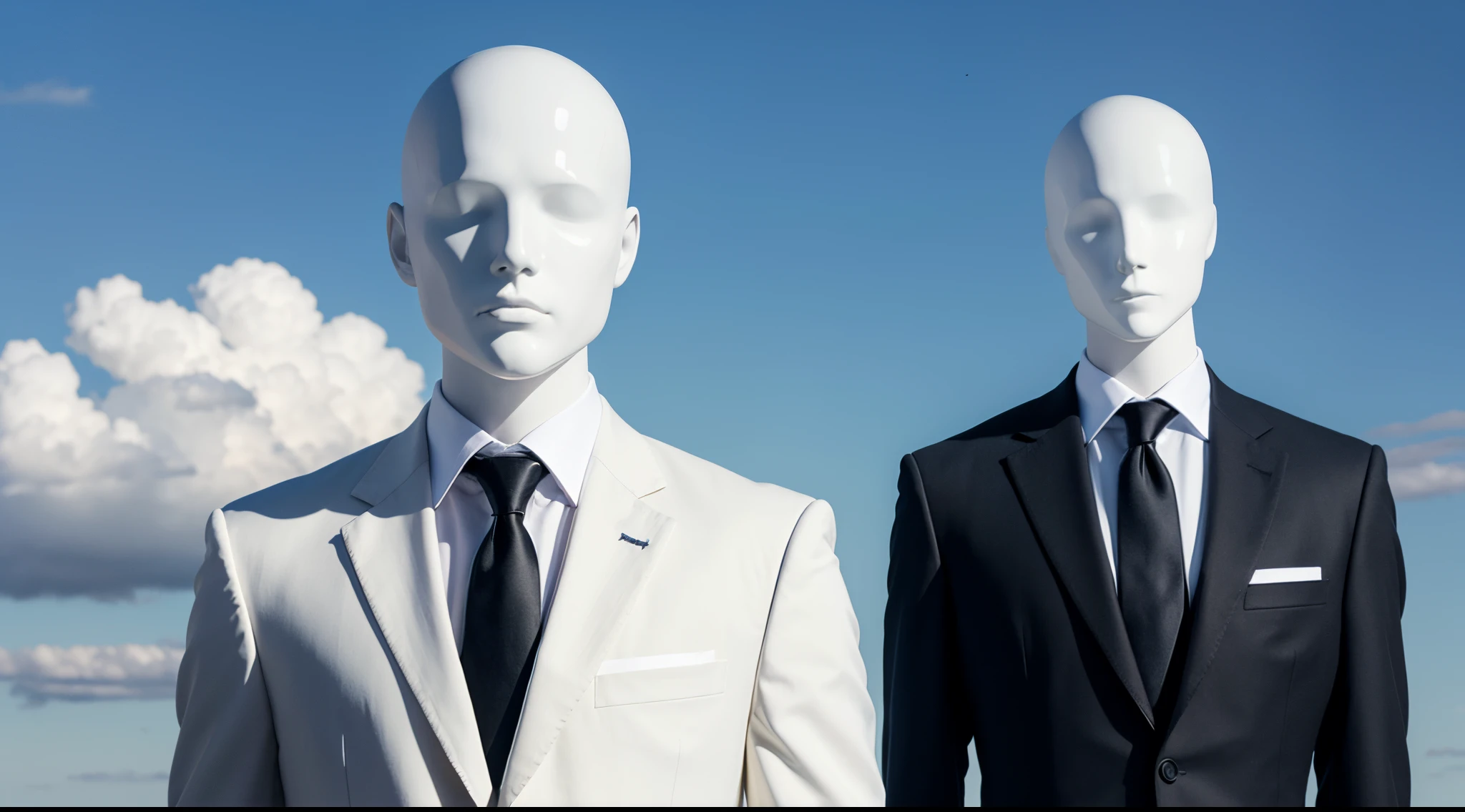 A mannequin without a head, wearing a black suit and a white shirt, and there is no head at all. The head is replaced by a small cloud that floats and is of an appropriate size with the suit, with a blue background