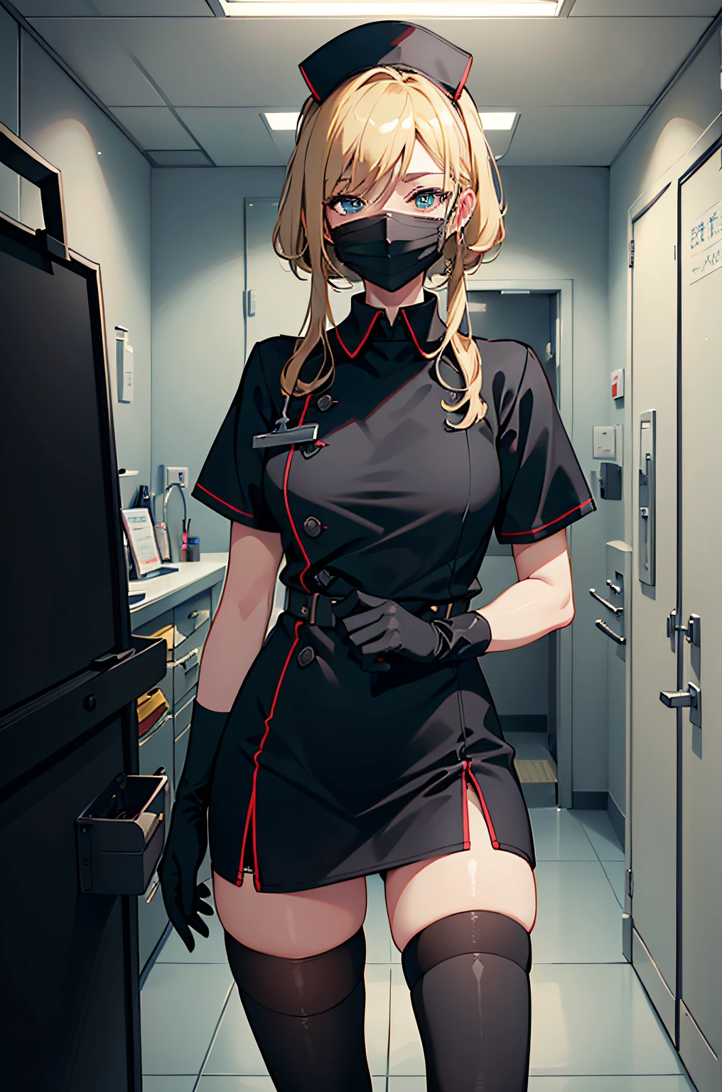 black nurse, 1woman, solo, black nurse cap, black wear, ((black legwear, zettai ryouiki)), black elbow gloves, blonde hair, blue eyes, ((black surgical mask, covered nose)), standing, ((surgery room)), sharp outline, short sleeves, mature female, 35 years old, best quality, masterpiece