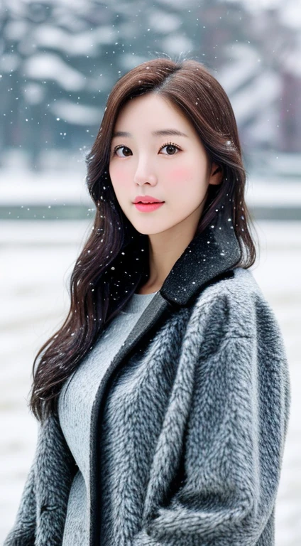 realistic photos of (1 cute Korean star) Shoulder-length hair, thin makeup, medium breasts size, wearing coat, in the snow, clear facial features, 8K high resolution, sharp and realistic details.from outside, Eye-Level Shot, f/4.0, 135mm, Fujifilm, jpeg artifacts, dithering, UHD, masterpiece