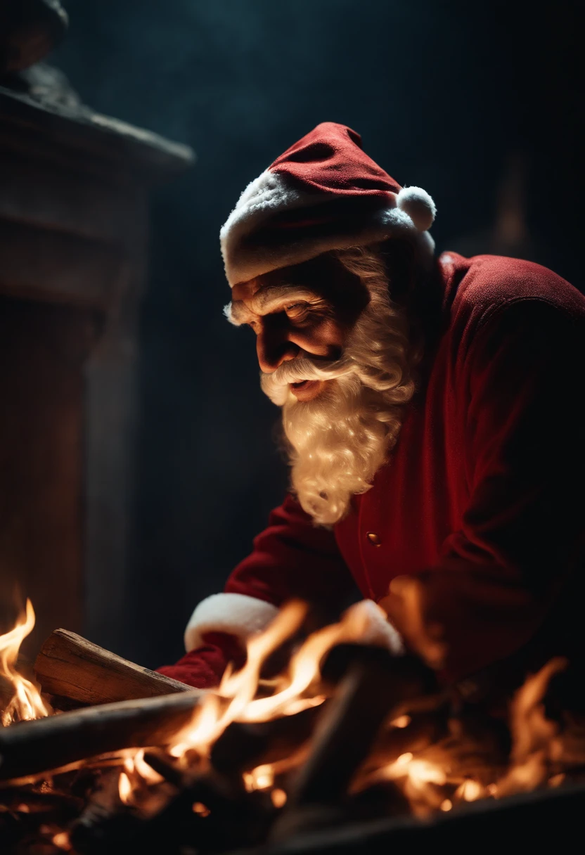 The skeletal corpse of Santa Claus falls down the chimney.、terror、suspenseful、skeletal corpse on burning firewood