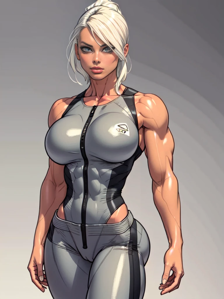 Drawing of platinum blonde katopunk female fitness model, toned body, feminine, huge upper body, torso shot, wide shoulders, veins, beautiful face, detailed eyes, perfect eyes, makeup, full lips, slim face, high cheekbones,(best quality, highres, ultra-detailed, realistic), muscular arms, defined abs, confident expression, ((light silver gray gymsuit)), lovely gaze, light colors, dynamic lighting, artwork, blank background