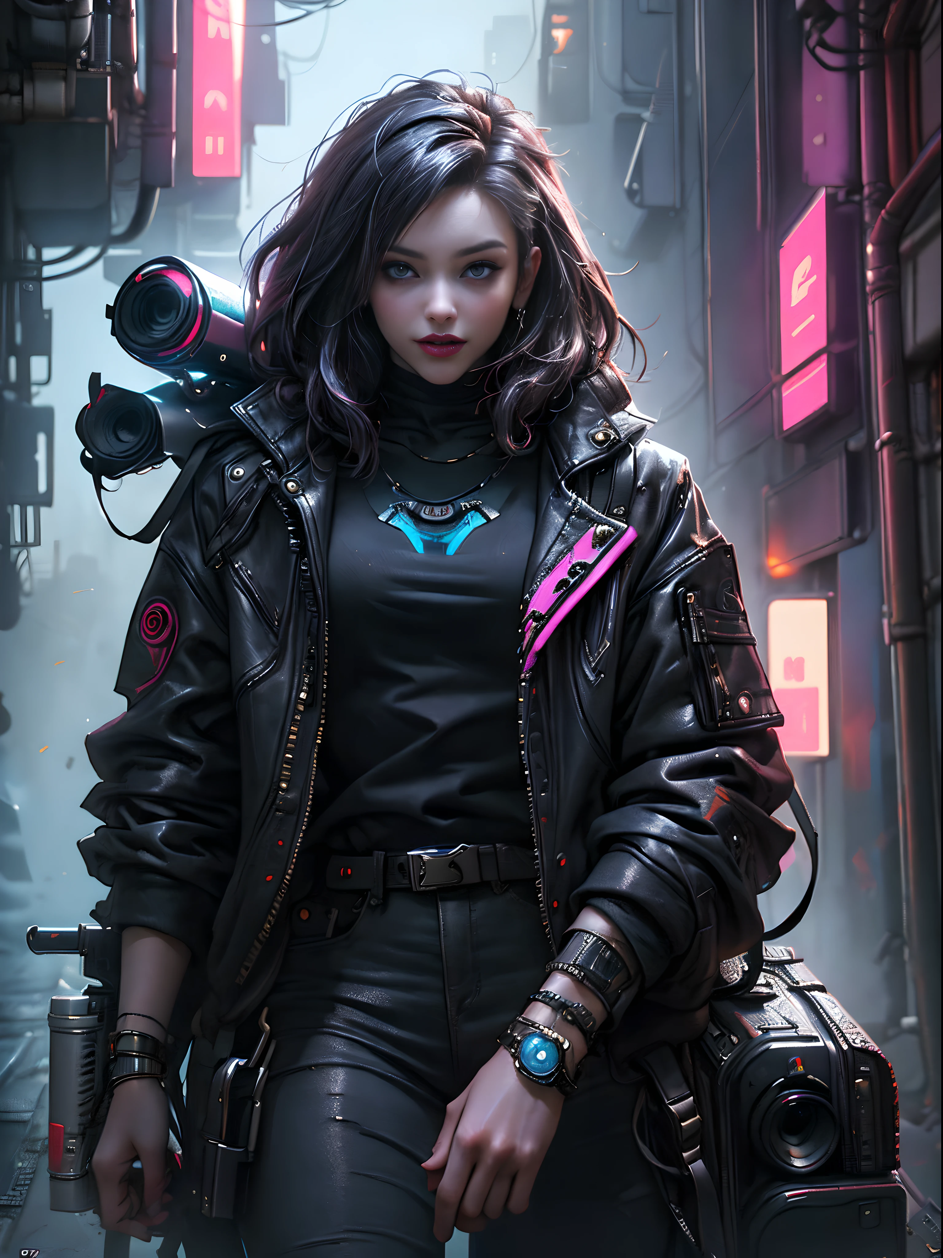 Cyberpunk Girl, mask with fangs, (topquality、8K、12)、tmasterpiece、NFFSV:1.3)、(Ultra - high resolution)、(photorealestic:1.4)、RAW photography,Charming perfect figure,ActionPose:1.2,Detailed cyberpunk fashion、Cyberpunk world,Depth of field,blurred background,、
