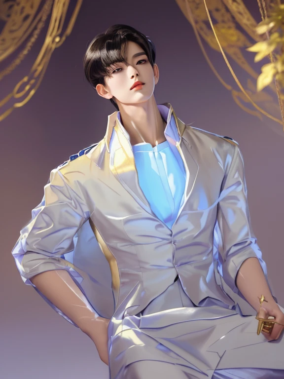 there is a man in a uniform sitting on a swing, beautiful androgynous prince, delicate androgynous prince, handsome prince, renaissance prince, inspired by Bian Shoumin, highly detailed exquisite fanart, royal elegant pose, royal portrait, inspired in kris from deltarrune, royal emperor, fanart, inspired by Kim Deuk-sin, inspired by Huang Shen