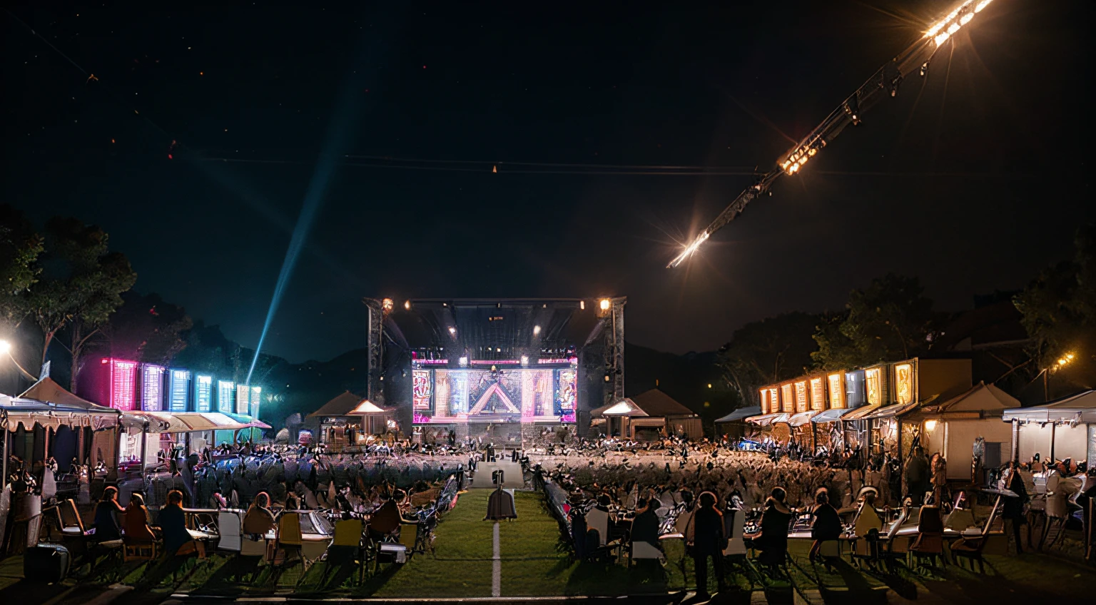 A music festival decoration elementsa and venue nice lights, wide shot with flea market, 8k, Ultra Realstic