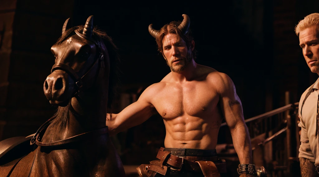 Dean Winchester, sem camisa, no pant, with black eyes and horns on the head, with a big, thick hard on display faça o pênis maior