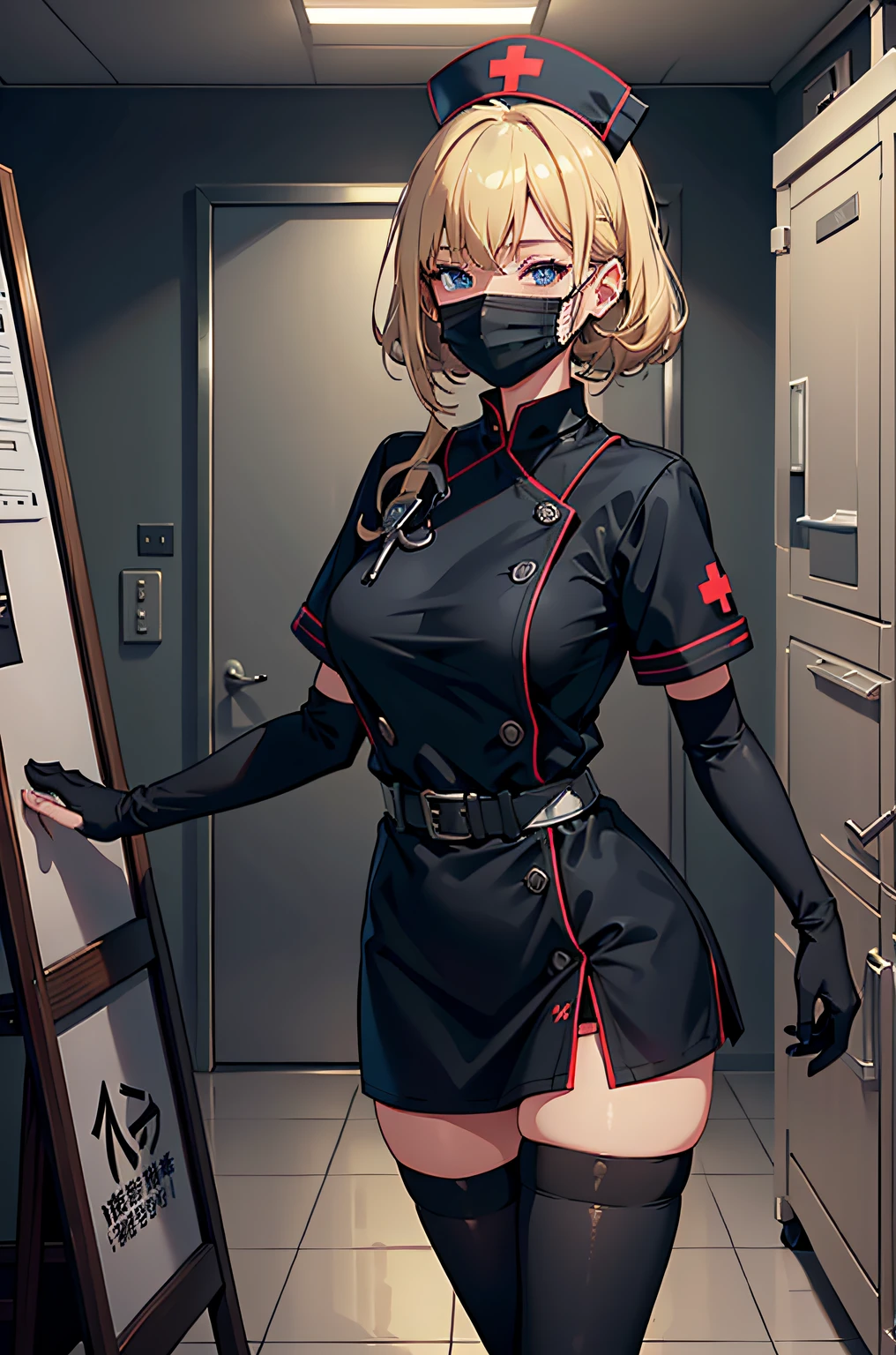 black nurse, 1woman, solo, black nurse cap, black nurse uniform, ((black legwear, zettai ryouiki)), black elbow gloves, blonde hair, blue eyes, ((black surgical mask, covered nose)), standing, ((surgery room)), sharp outline, short sleeves, mature female, 35 years old, best quality, masterpiece